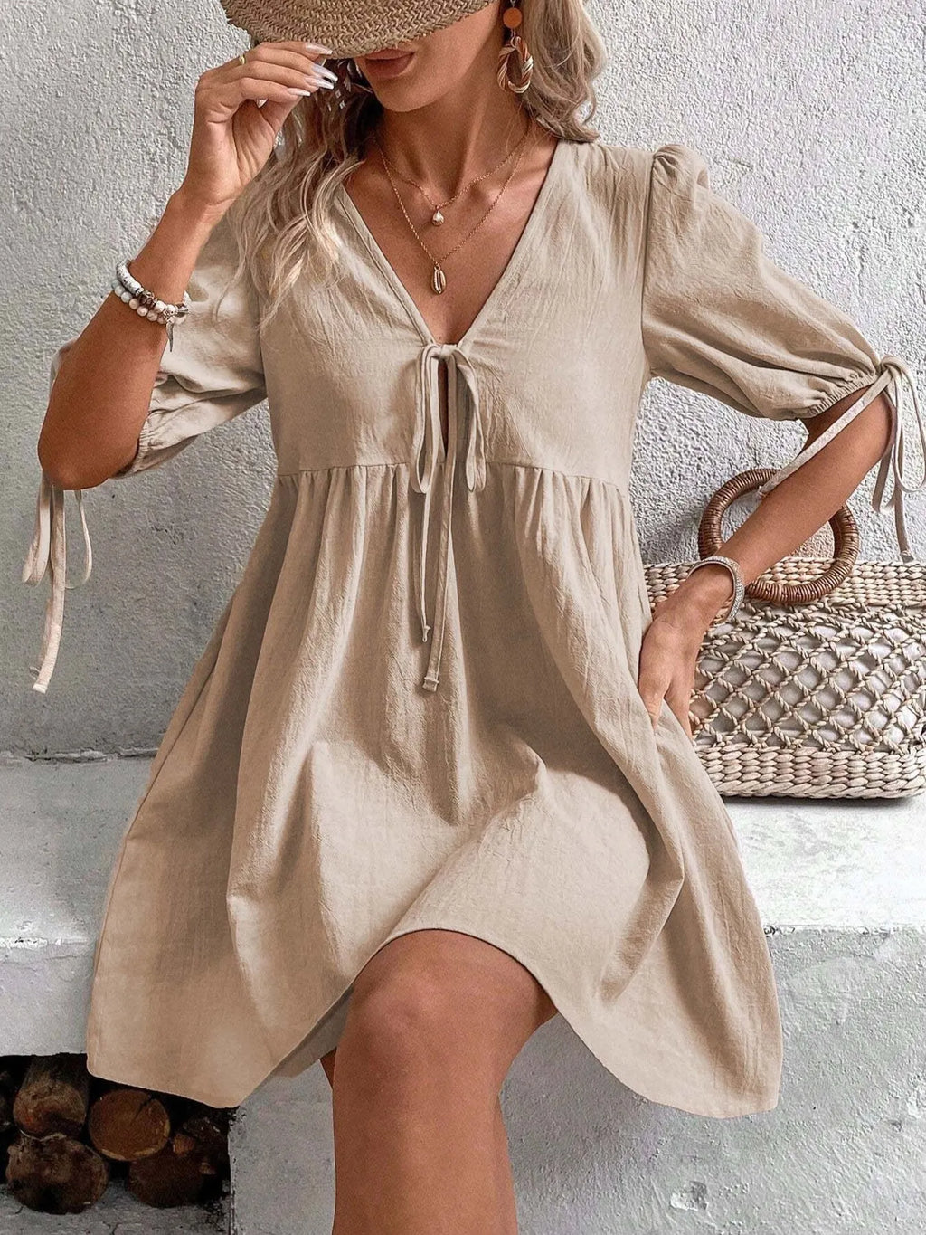 V-neck Tie-front Mini Dress Puff Sleeves (2)