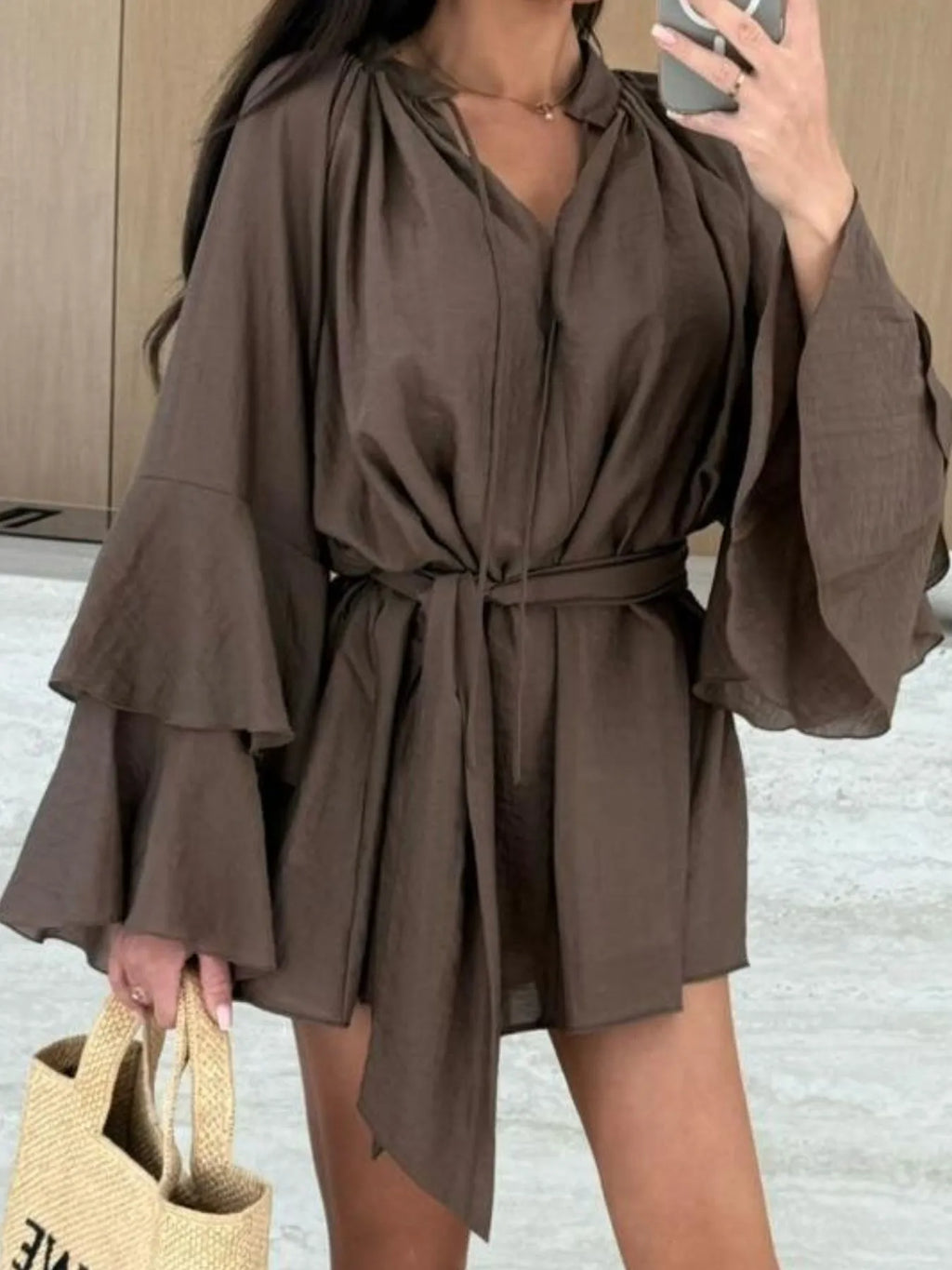 Bell Sleeve Tie Waist Mini Shirt Dress (5)