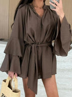 Bell Sleeve Tie Waist Mini Shirt Dress (5)