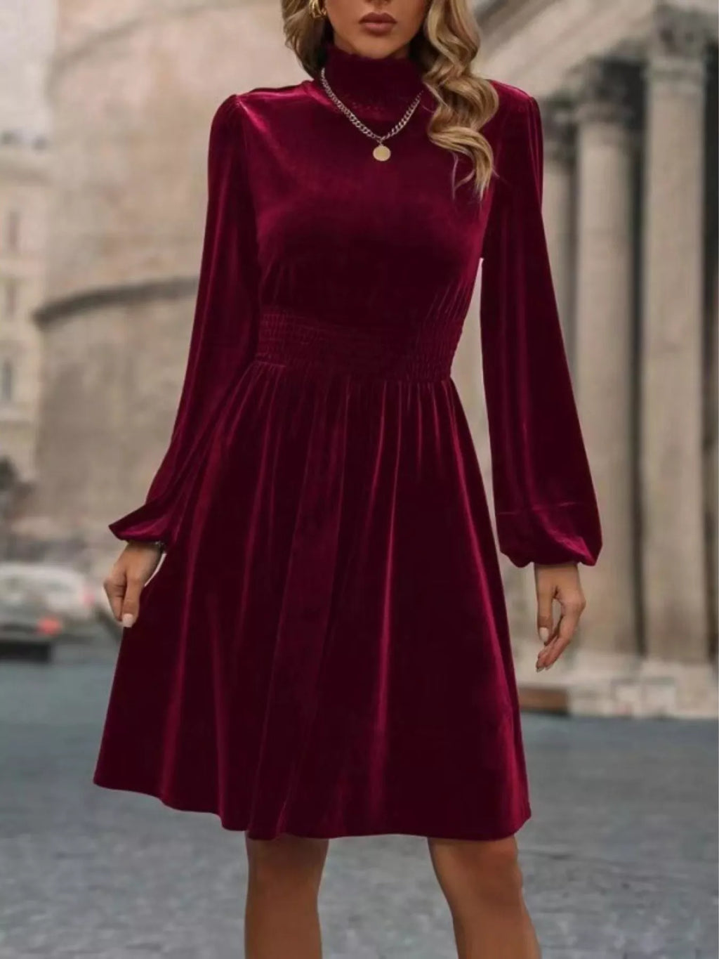 Velvet High Neck Long Sleeve A-line Dress