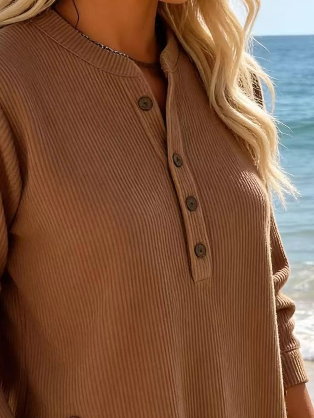 Full Size Ribbed Half Button Henley Top Plus (6)