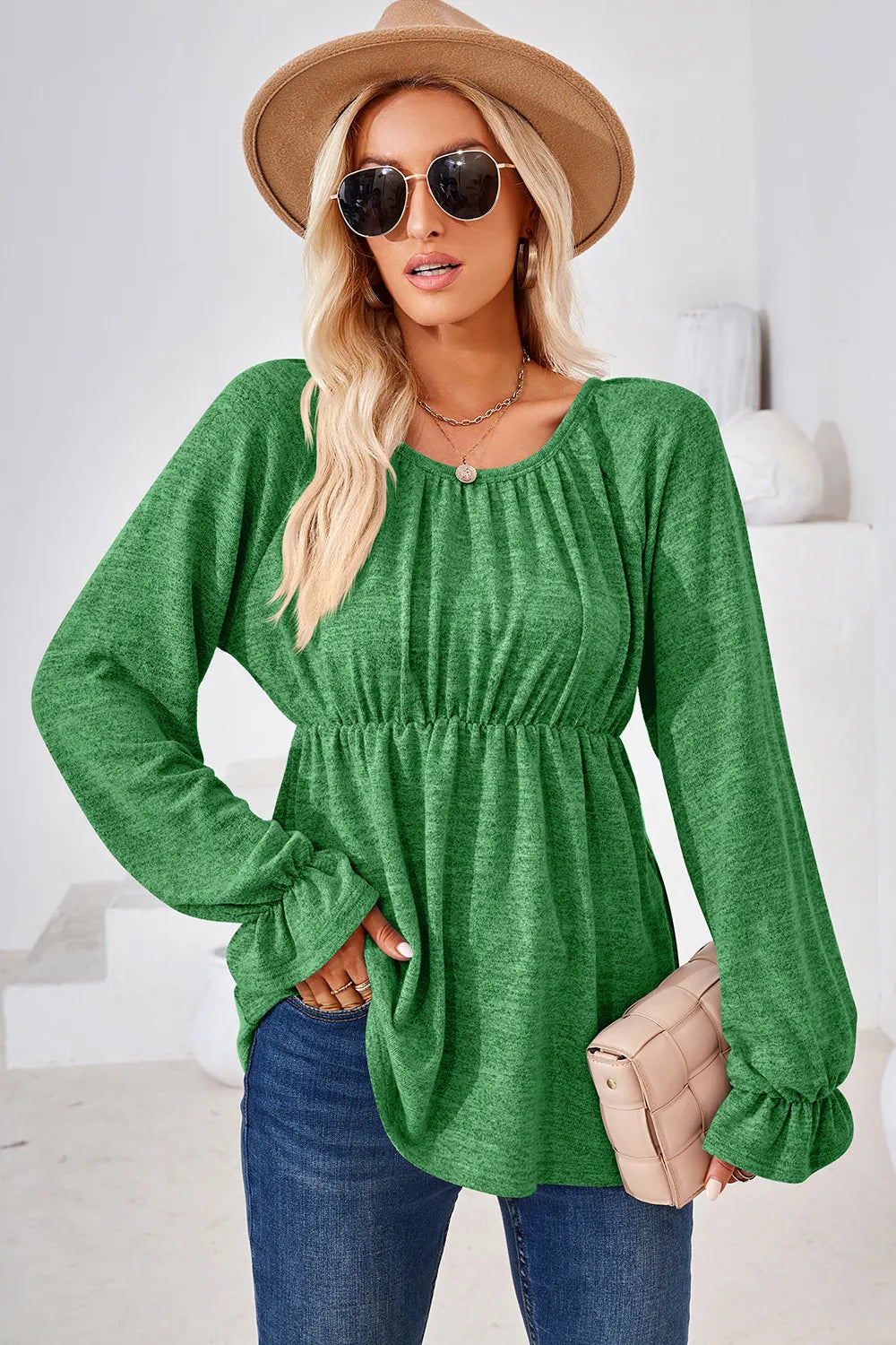 Ruched Round Neck Flounce Sleeve Blouse (15)