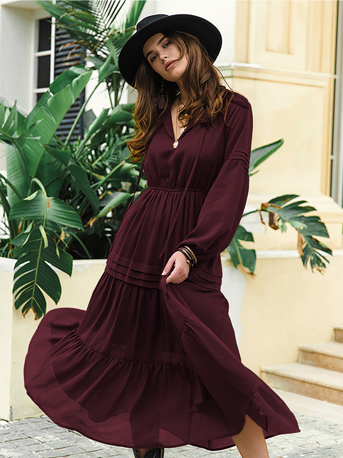 Tie Neck Long Sleeve Midi Tiered Dress (18)