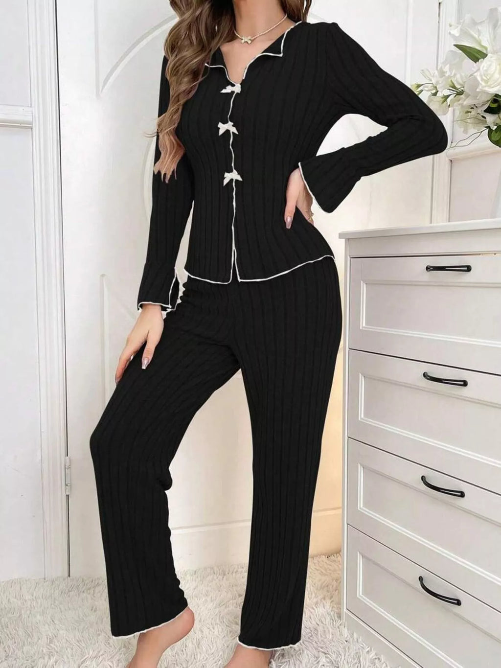 Contrast Bow Detail Top Pants Lounge Set (5)