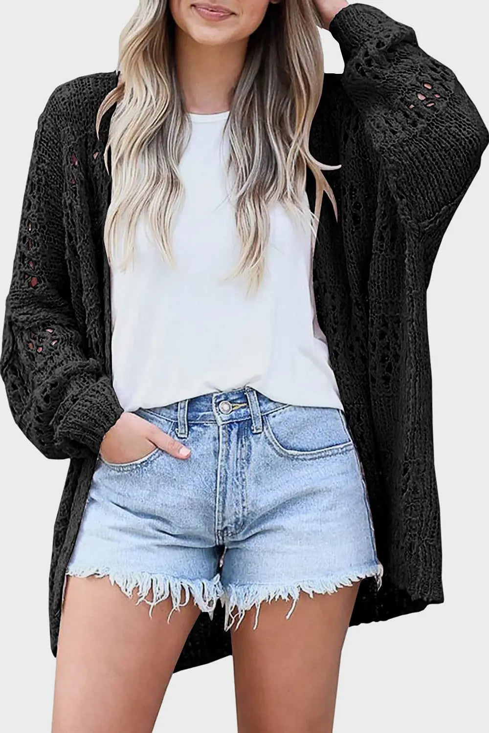 Openwork Open Front Long Sleeve Cardigan (20)