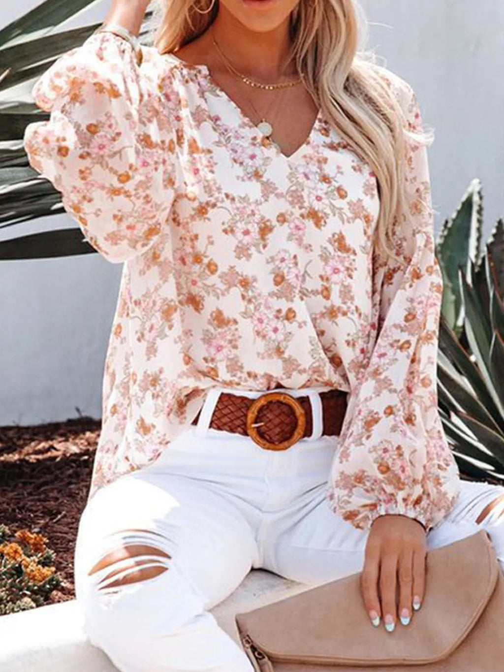Full Size Floral Print V-neck Long Sleeve Blouse Plus (13)