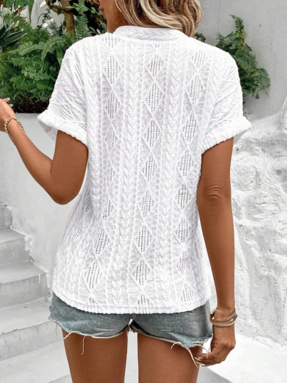 Openwork Notched Short Sleeve Blouse (7)