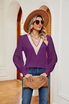 Contrast V-neck Long Sleeve Blouse (22)