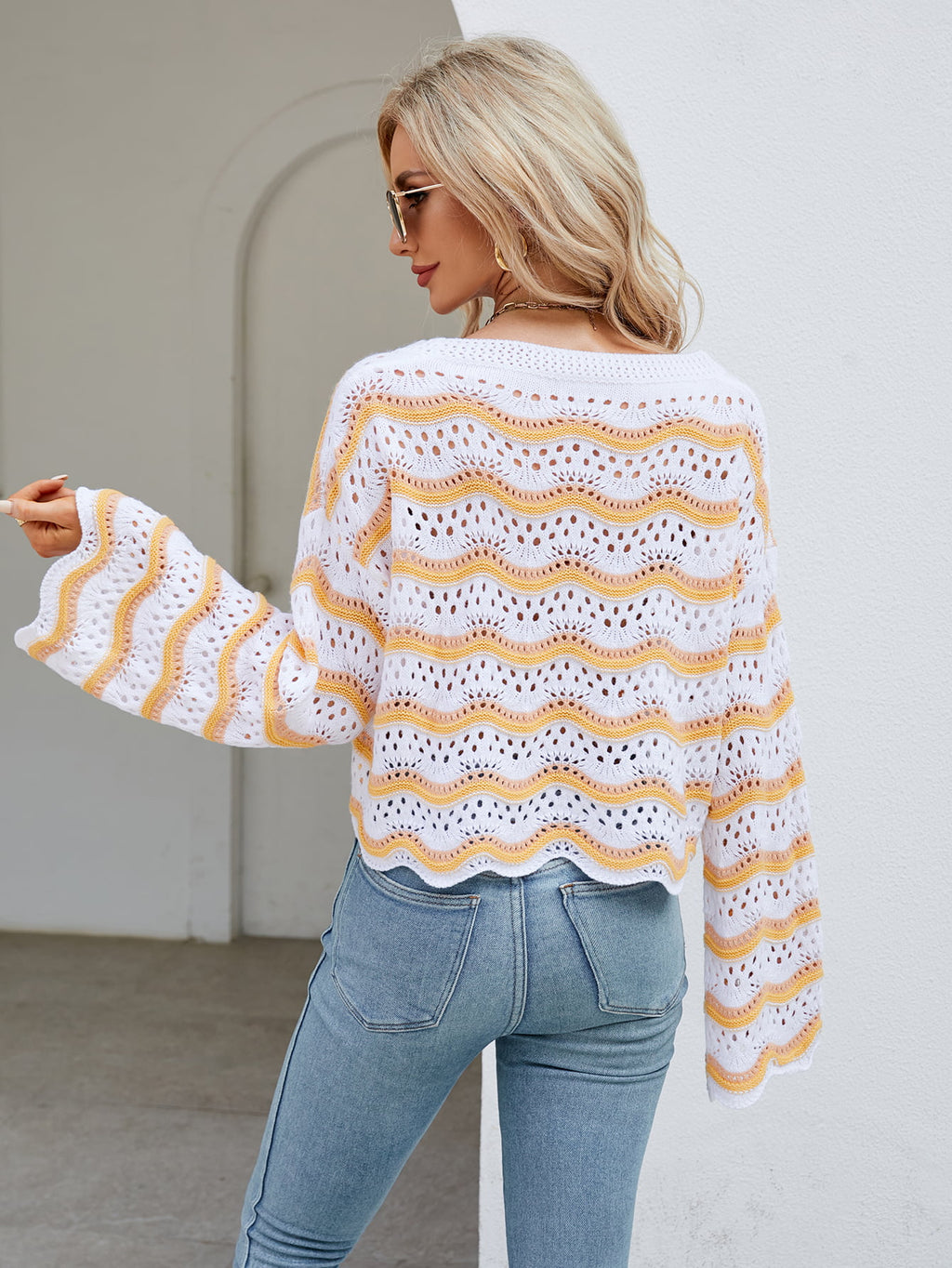 Round Neck Openwork Flare Sleeve Knit Top (19)