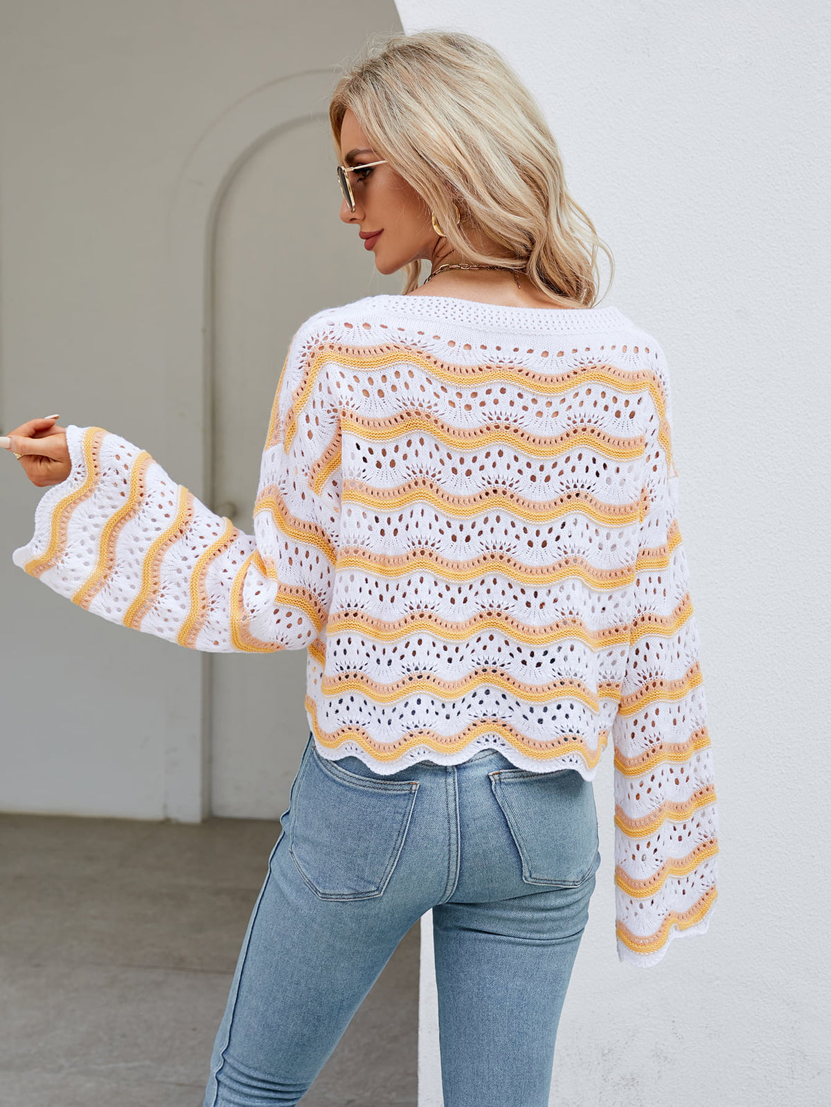 Round Neck Openwork Flare Sleeve Knit Top (19)
