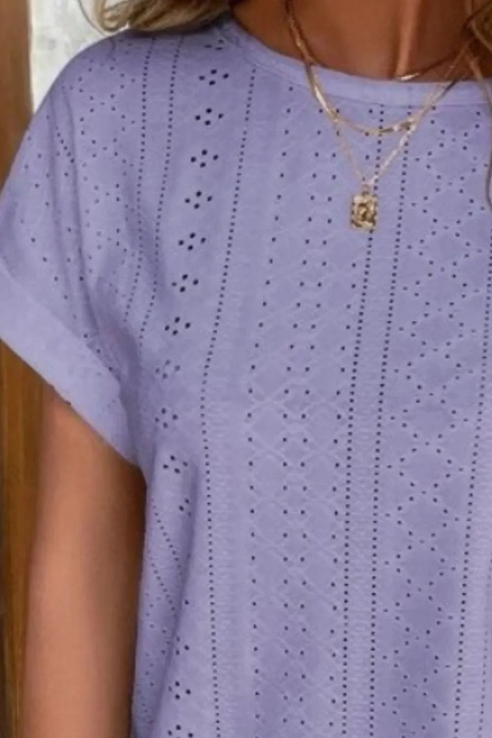 Eyelet Round Neck Short Sleeve T-shirt (25)