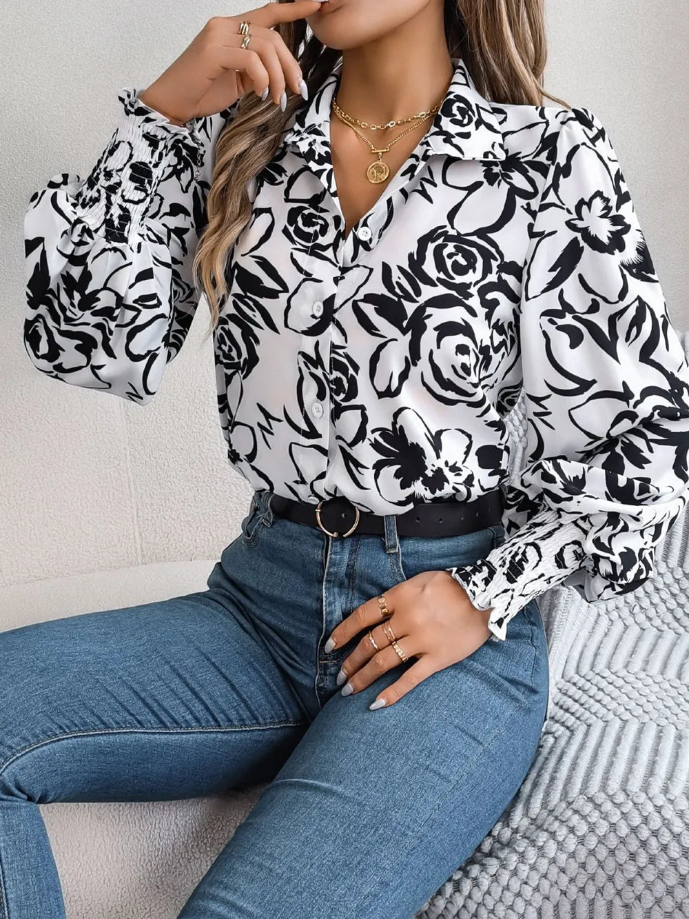 Printed Collared Neck Lantern Sleeve Shirt (9)