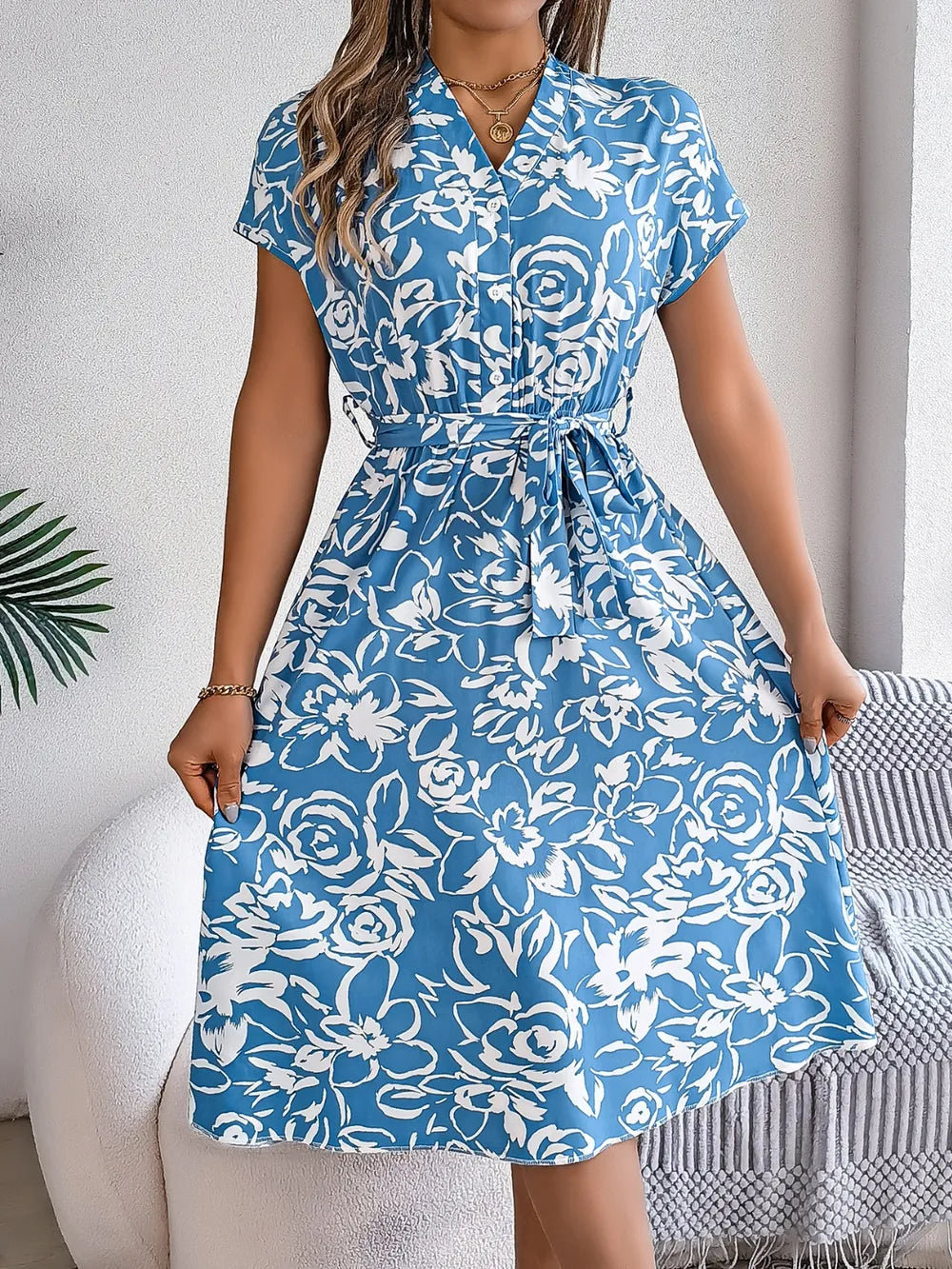 Printed V-neck Short Sleeve Dress (8)