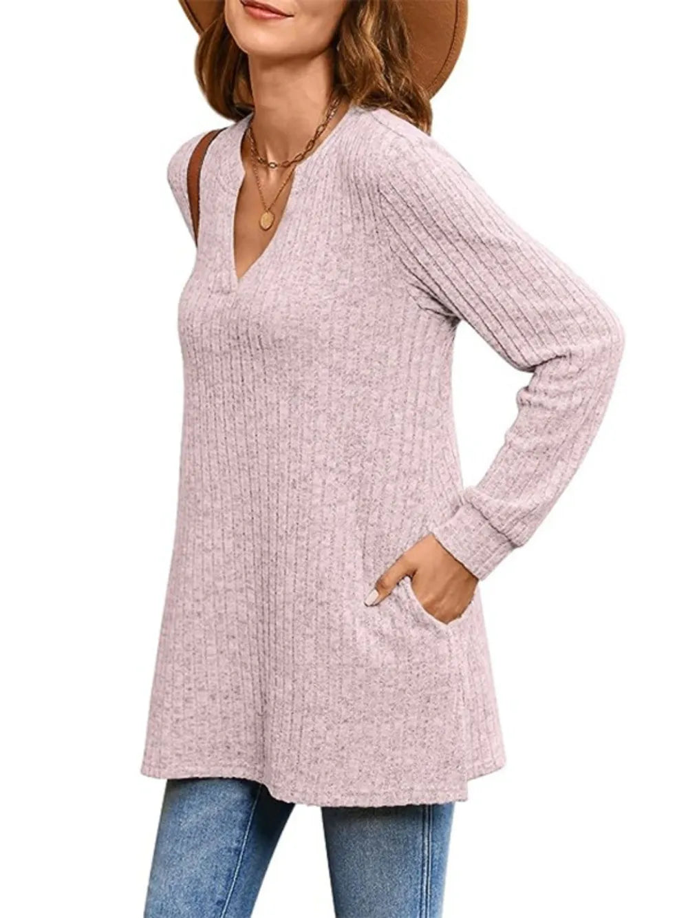 Ribbed Notched Long Sleeve T-shirt (13)
