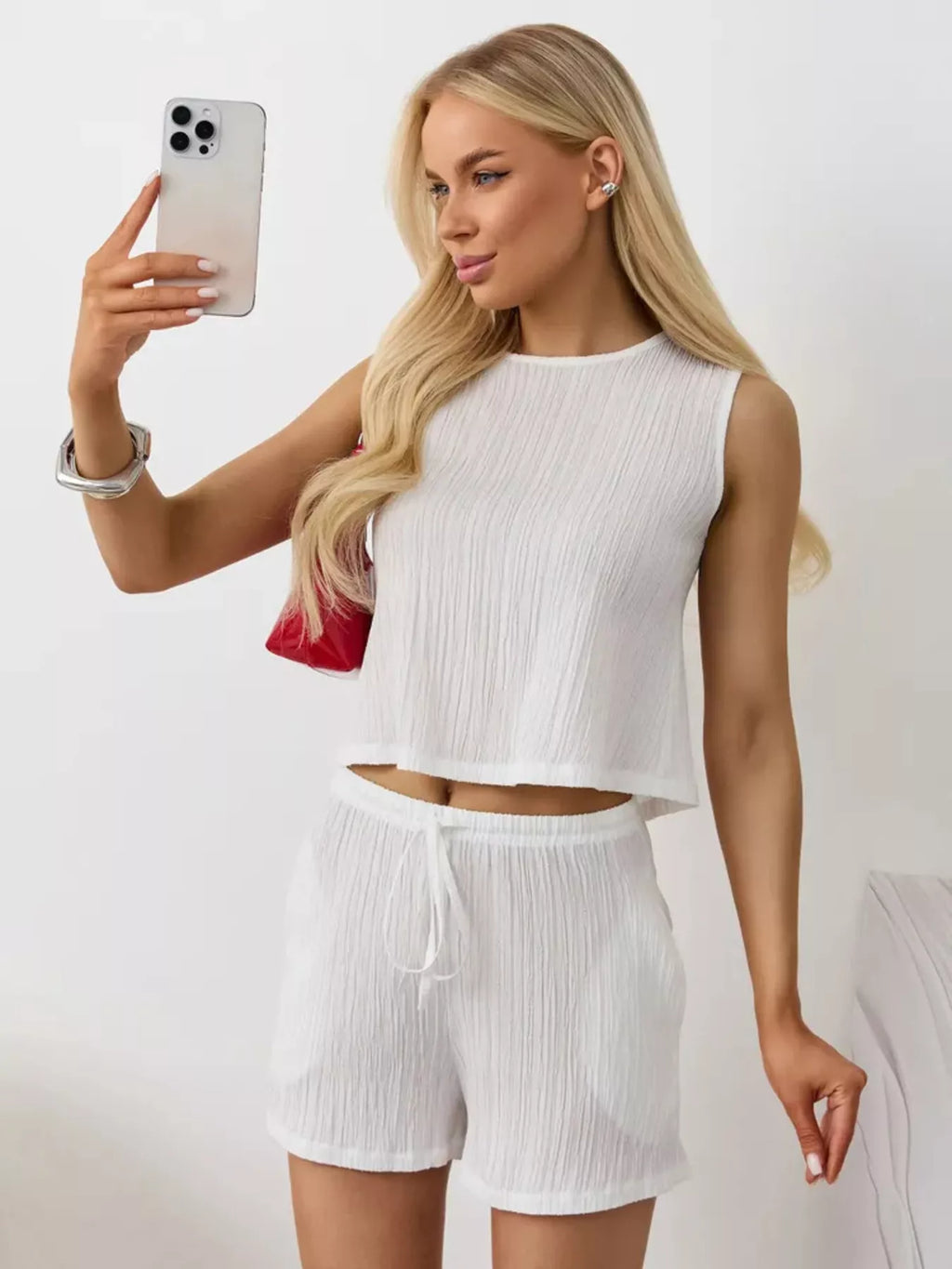 Textured Round Neck Tank Shorts Set (3)