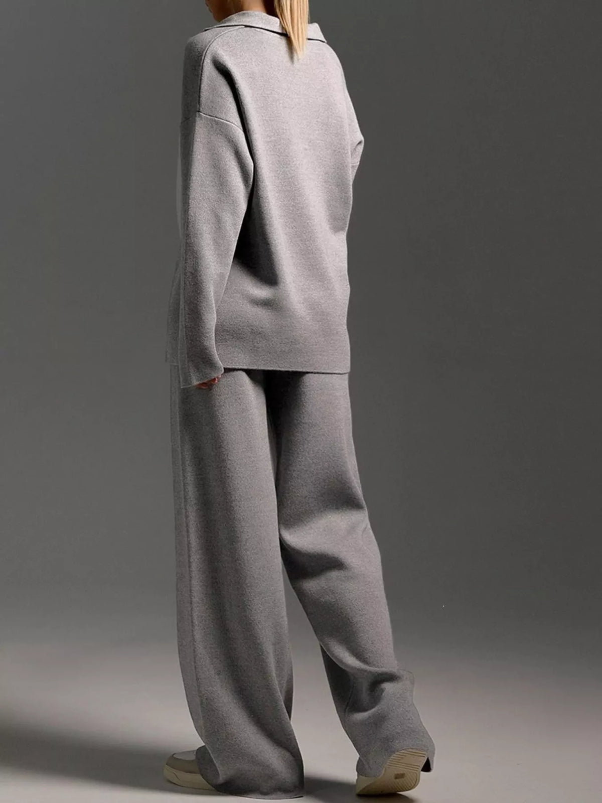 Polo Collar Top Wide-leg Pants Set (27)