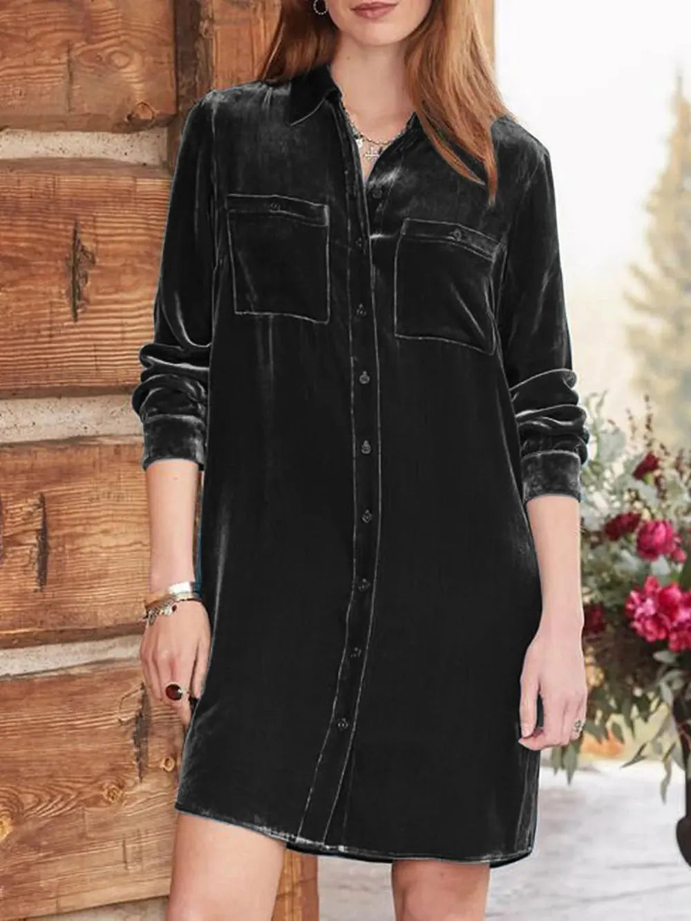 High-low Button Up Long Sleeve Knee Length Dress