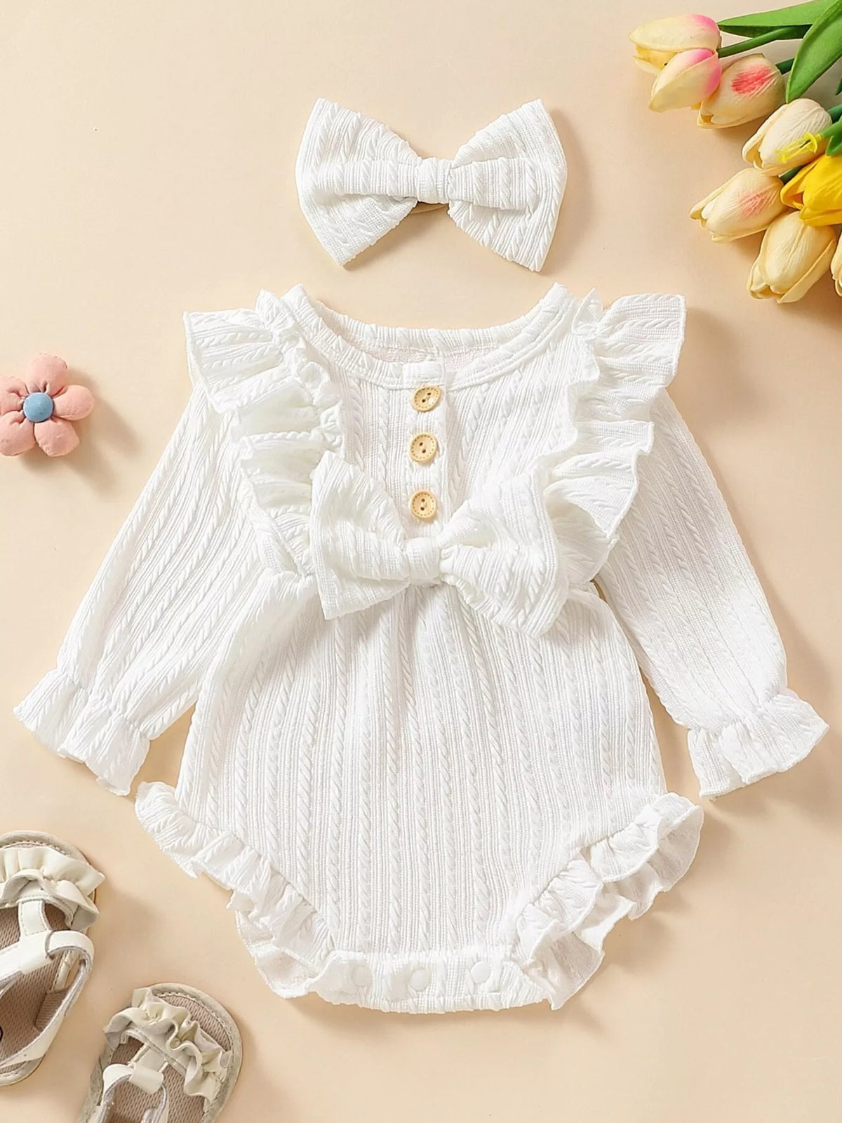Children's Ruffled Long Sleeve One-piece Bodysuit Headband