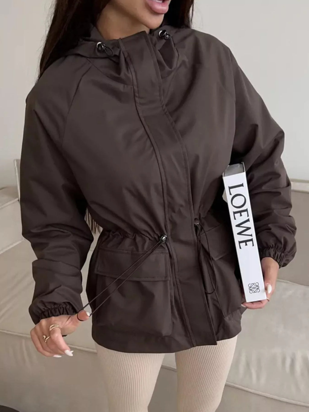Drawstring Waist Hooded Windbreaker Outerwear (2)