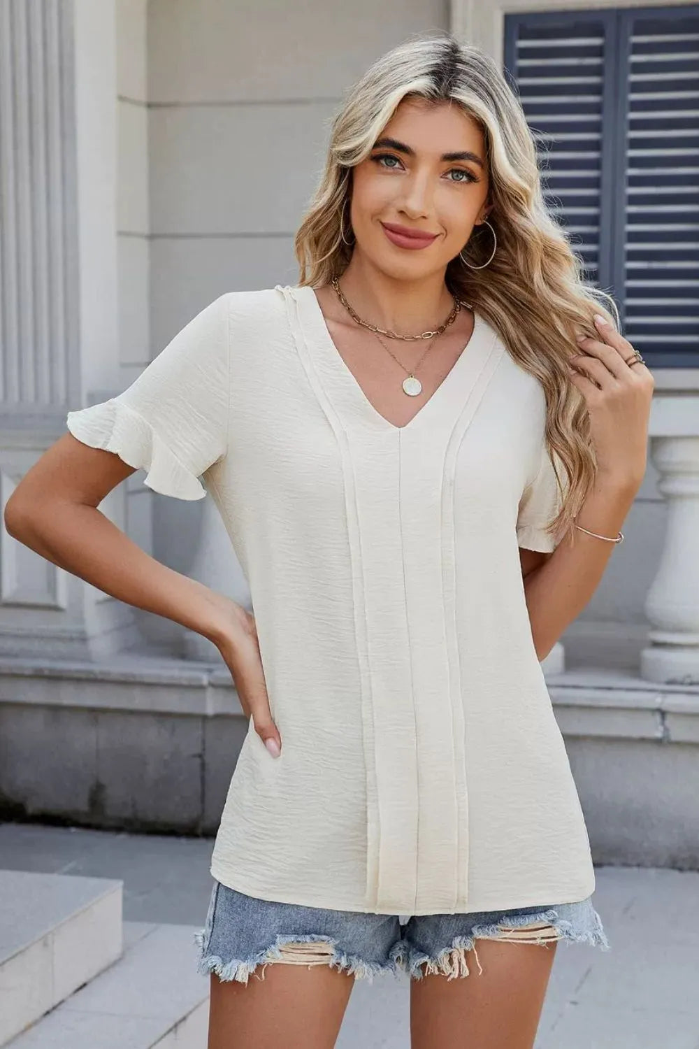 V-neck Short Sleeve Blouse