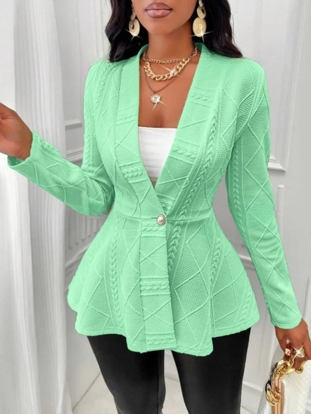 One Button Textured Peplum Cardigan (36)