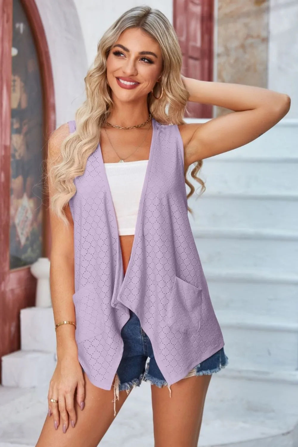Eyelet Open Front Sleeveless Cardigan (26)