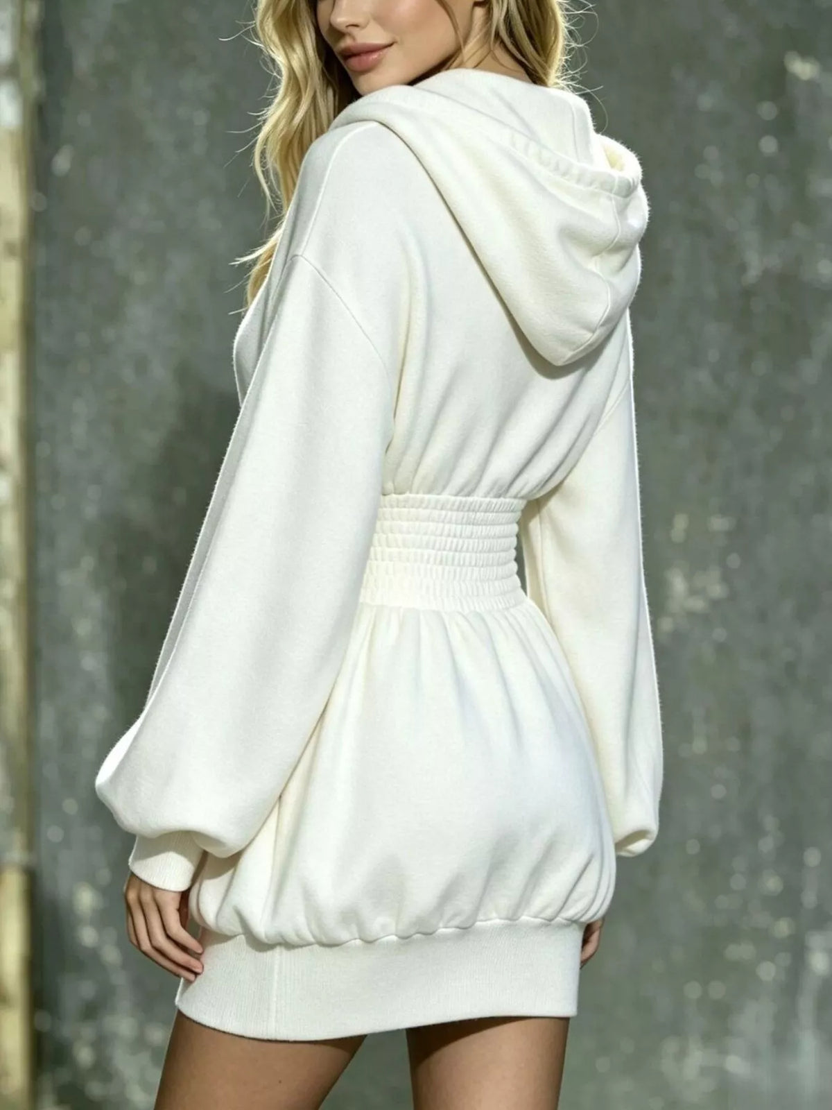 Hooded Long Sleeve Mini Dress Smocked Waist (12)