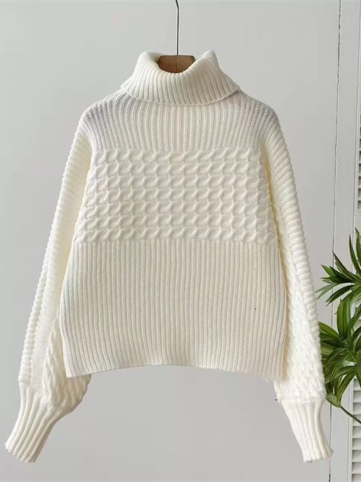 Textured Knit Turtleneck Long Sleeve Sweater (15)