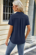 Pocketed Johnny Collar Short Sleeve Blouse (16)