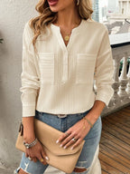 Pocketed Notched Long Sleeve Blouse (2)