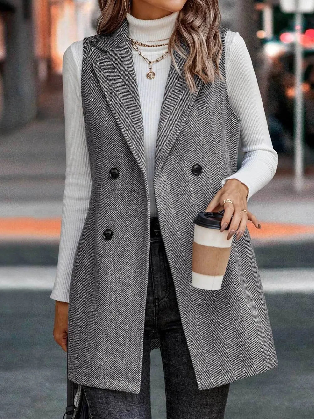Buttoned Collared Neck Longline Vest Coat (7)