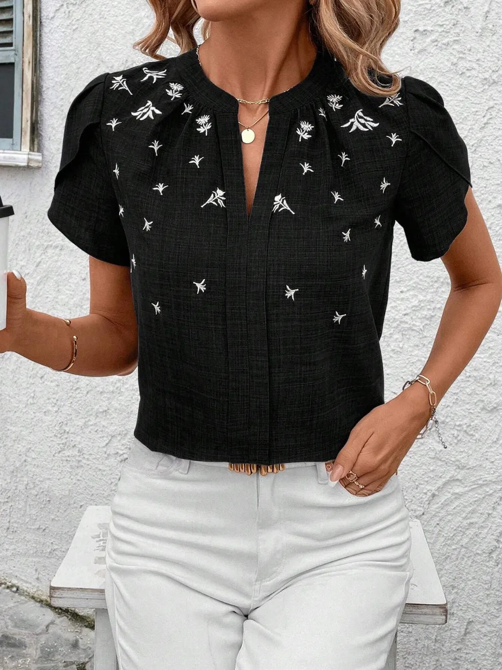 Floral Notched Short Sleeve Blouse (16)