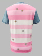 Denim Patchwork Short Sleeve Blouse (8)