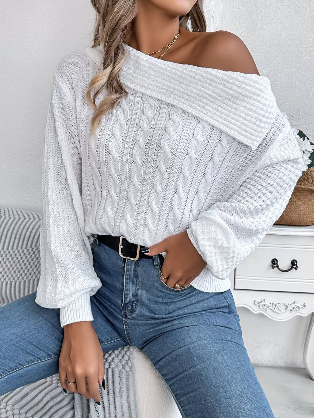 Off-shoulder Cable Knit Sweater