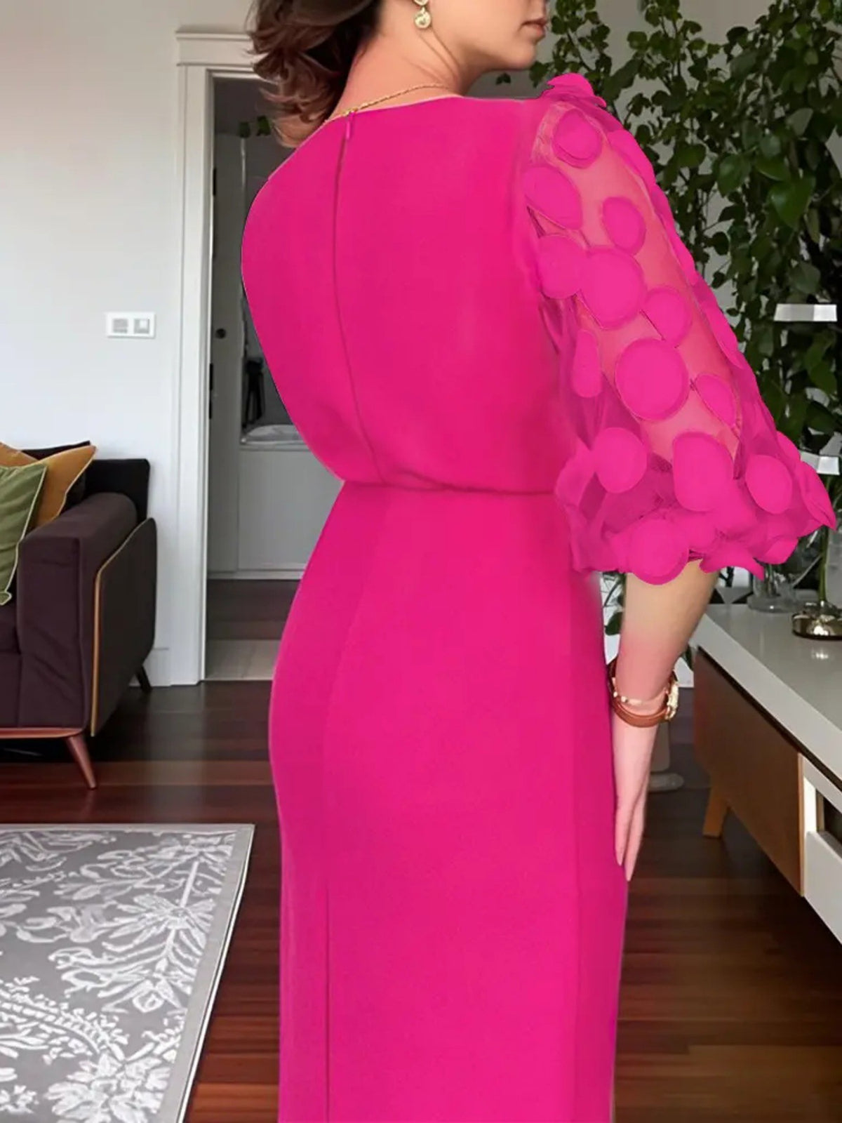 Slit Sheer Sleeve Midi Dress (3)