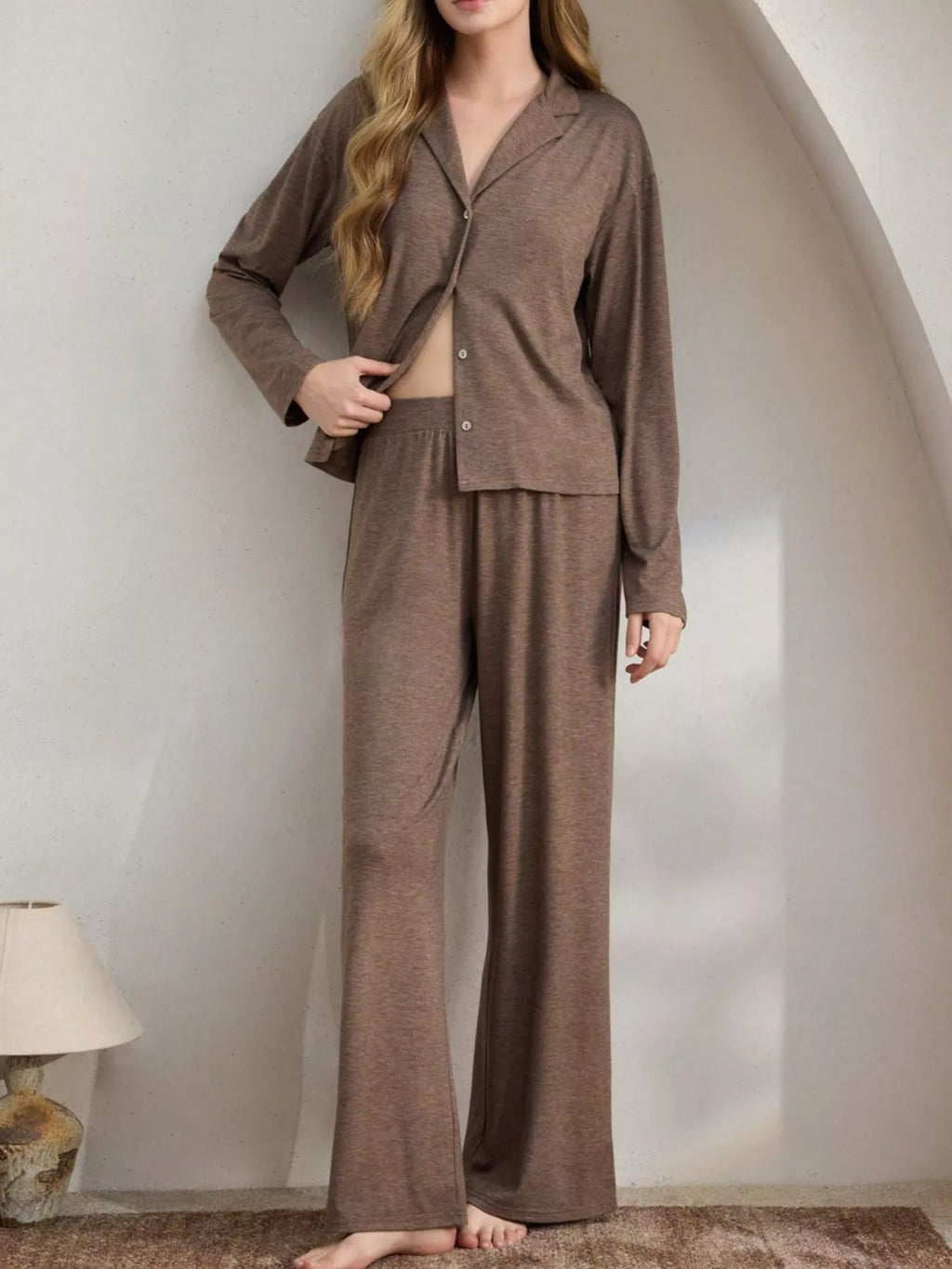 Button-down Top Wide-leg Pants Lounge Set
