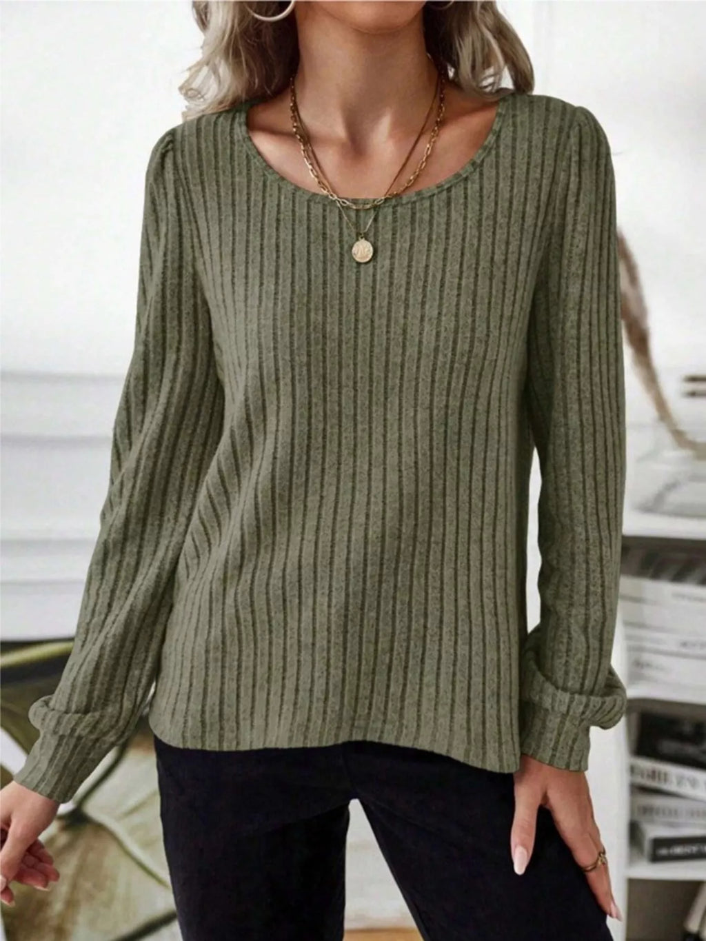 Ribbed Knit Long Sleeve T-shirt (23)