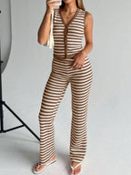 Striped Knit V-neck Button-up Sleeveless Top Flare Pants Set (9)