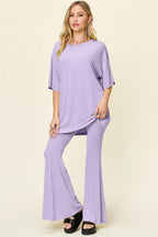 Full Size Round Neck Drop Shoulder T-shirt Flare Pants Set