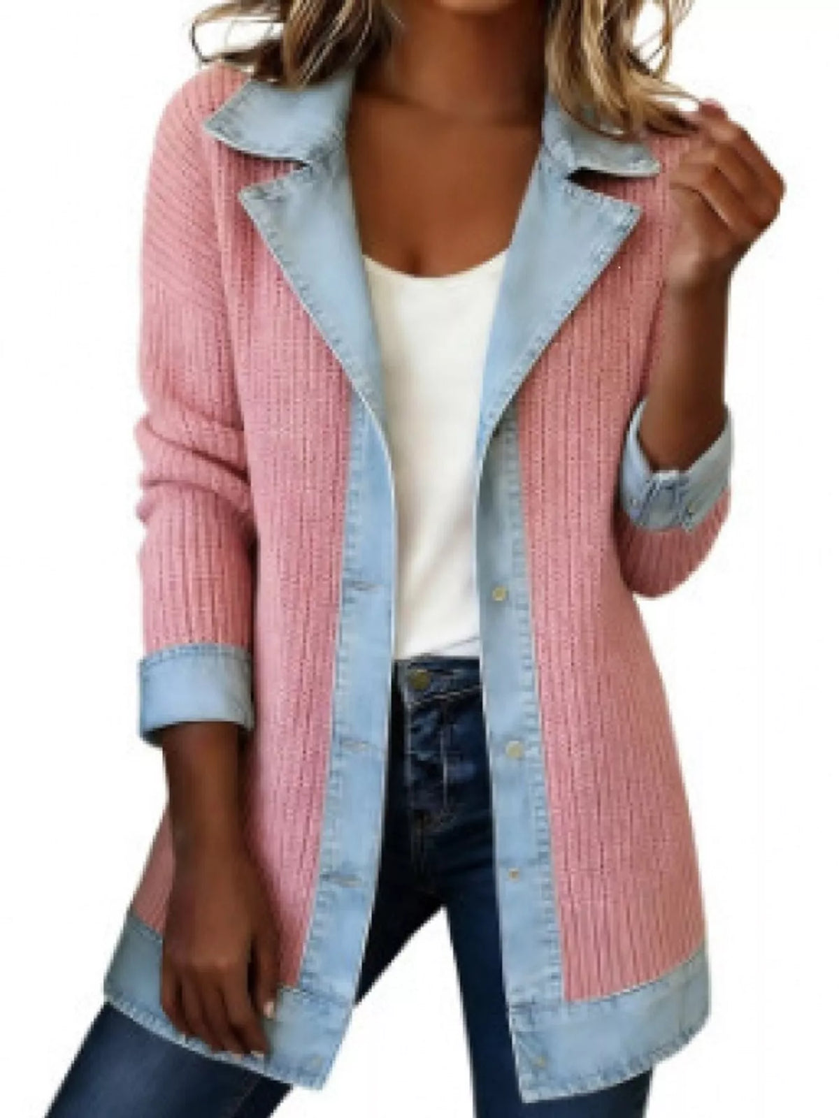 Full Size Denim Trim Ribbed Knit Cardigan Plus (37)