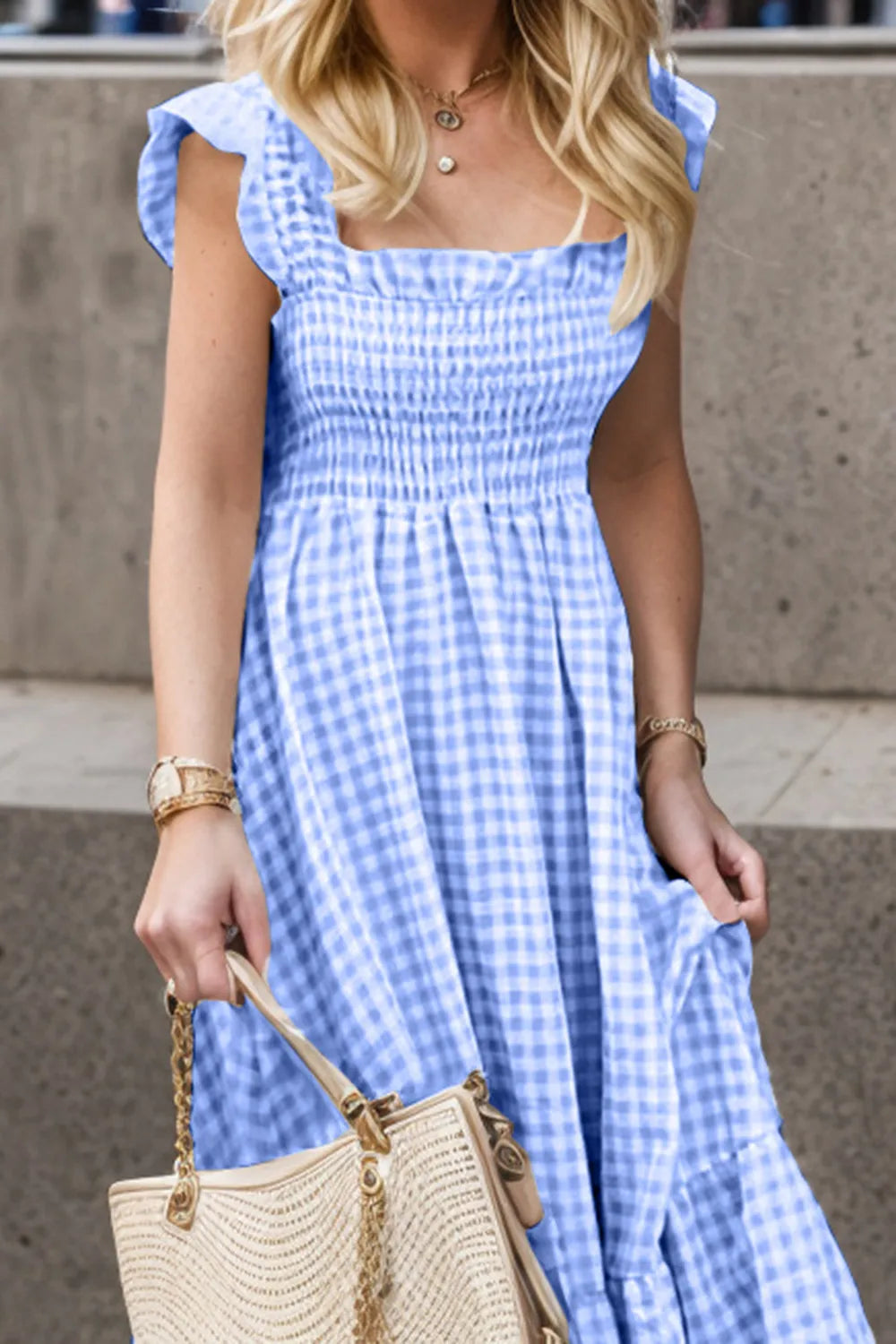Full Size Smocked Ruffled Plaid Ruffle Hem Dress (11)