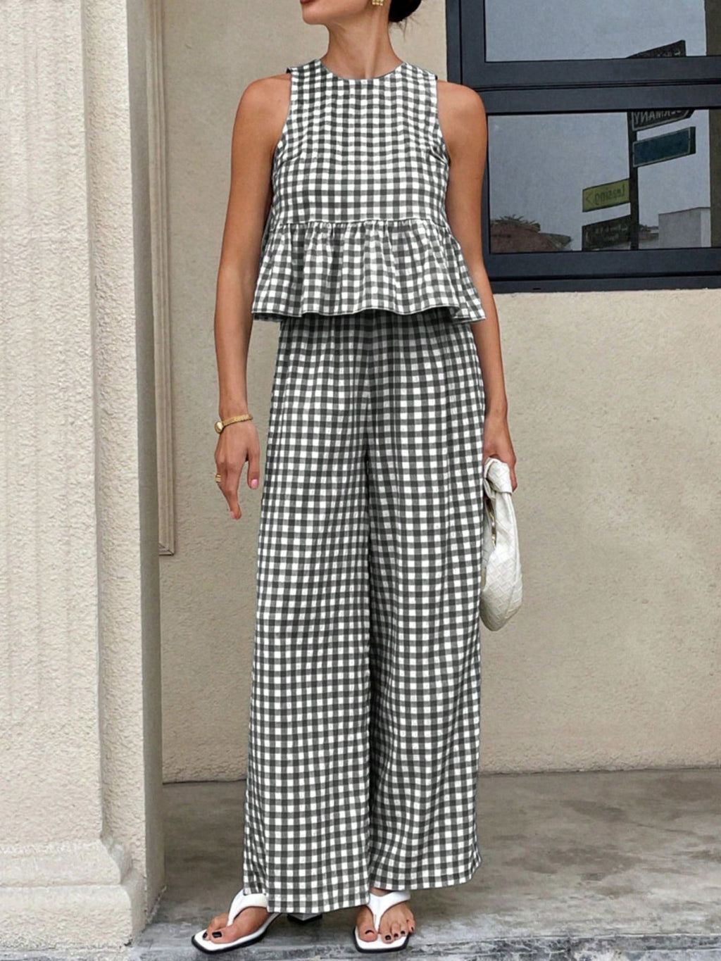 Gingham Sleeveless Top Wide-leg Pants Set