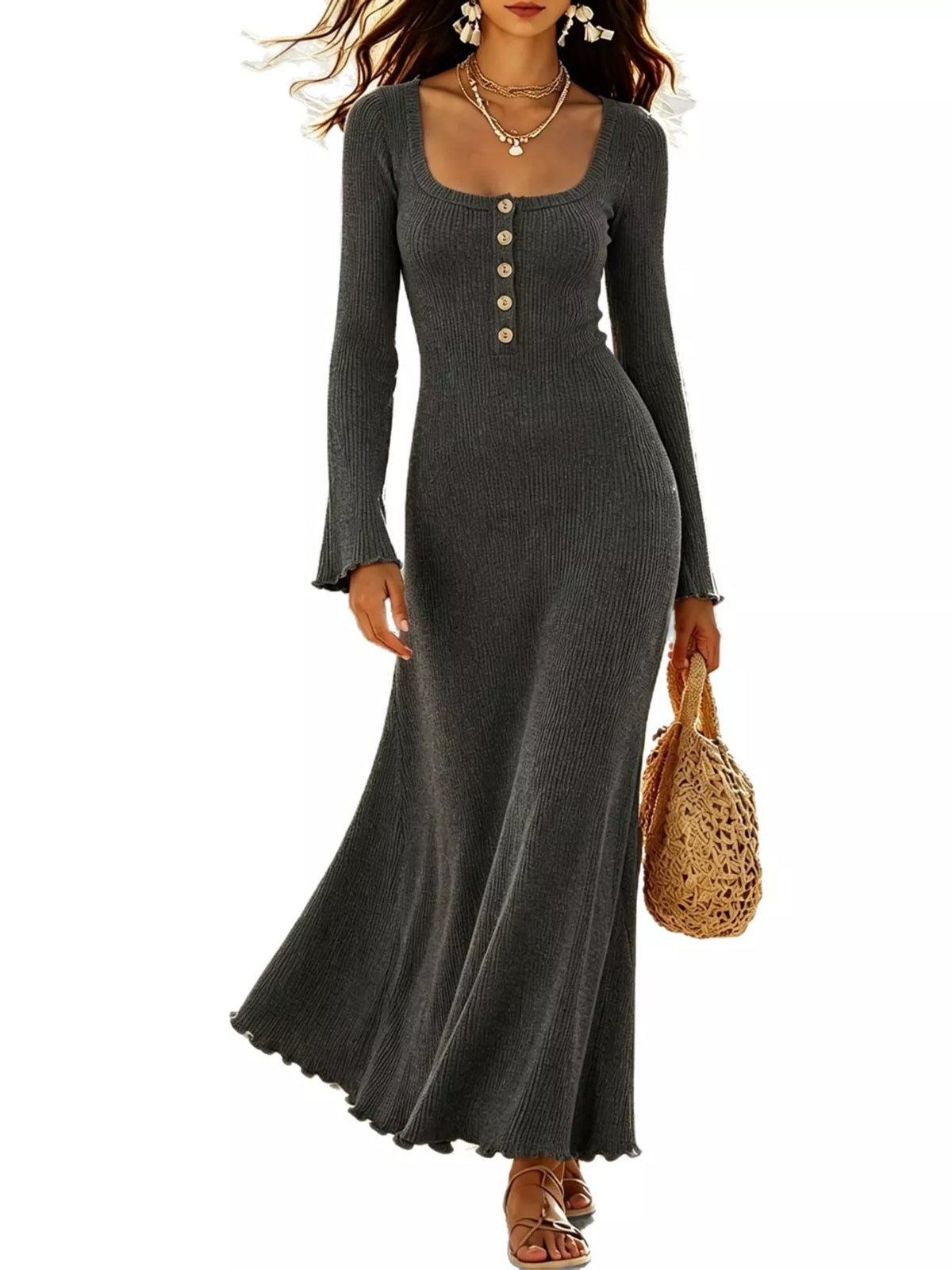 Button-front Ribbed Knit Maxi Dress (18)