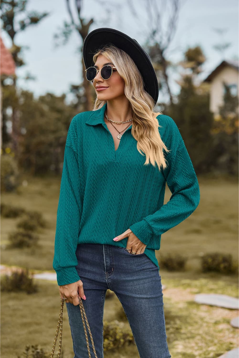 Collared Neck Cable-knit Long Sleeve Blouse (11)