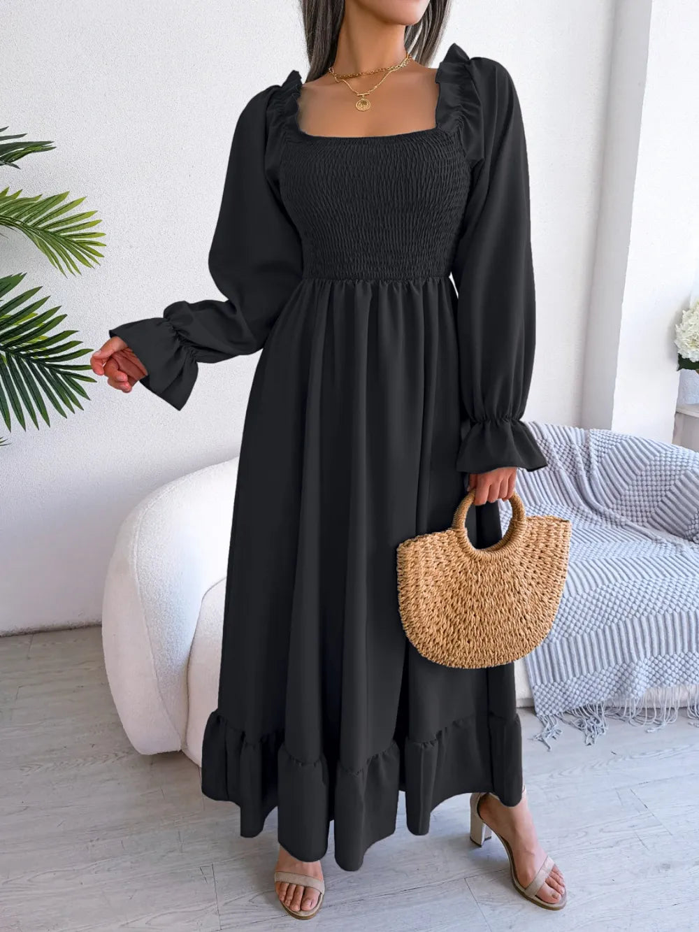Smocked Square Neck Flounce Sleeve Dress (25)