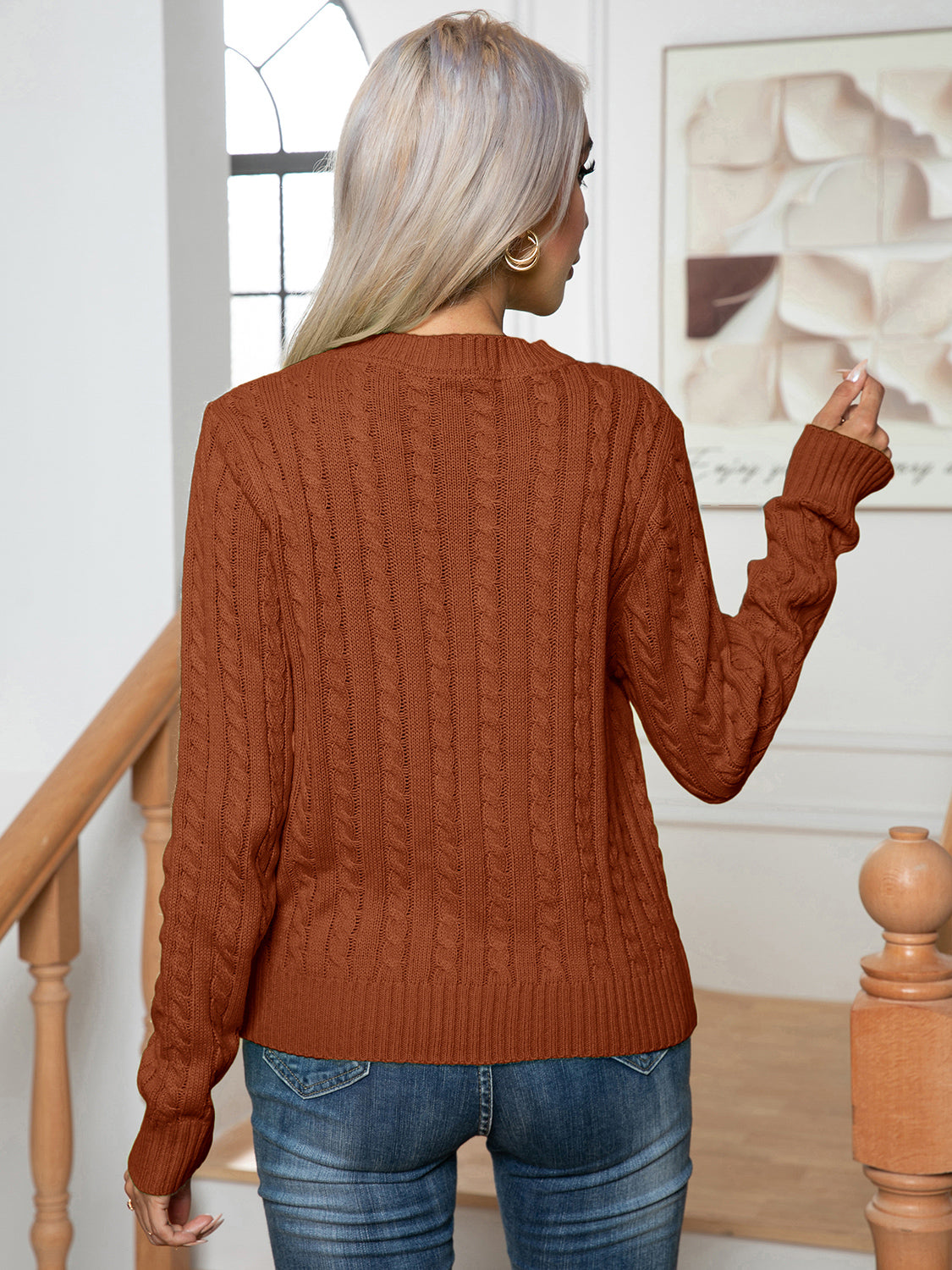 Cable-knit Round Neck Long Sleeve Sweater (2)