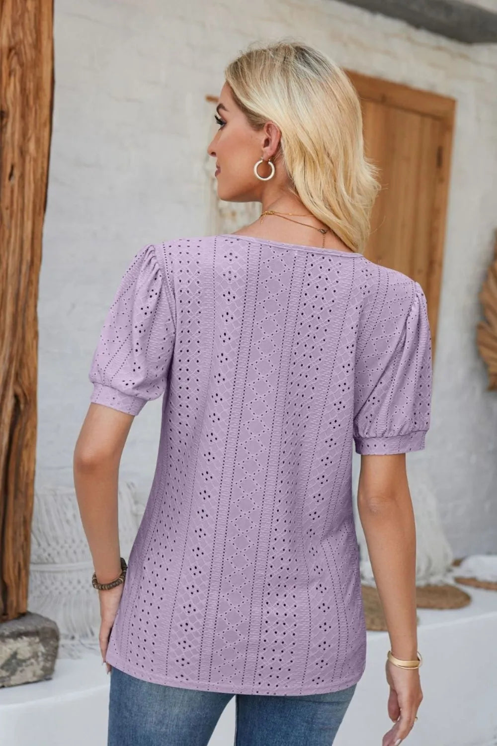 Eyelet Round Neck Short Sleeve Blouse (27)