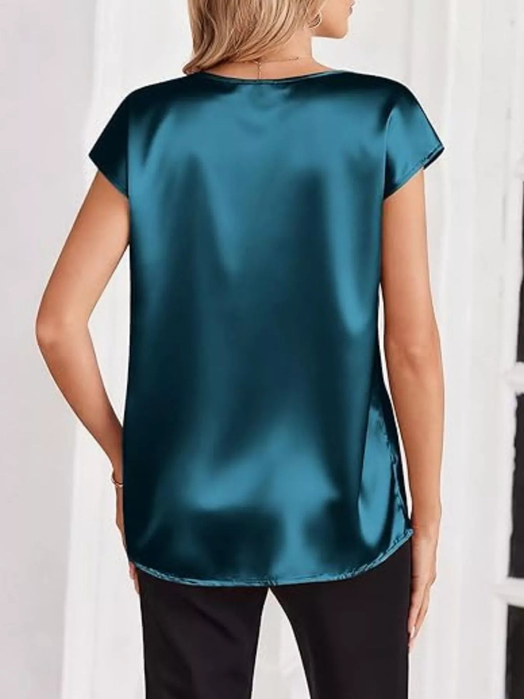 Satin V-neck Short Sleeve Blouse (26)