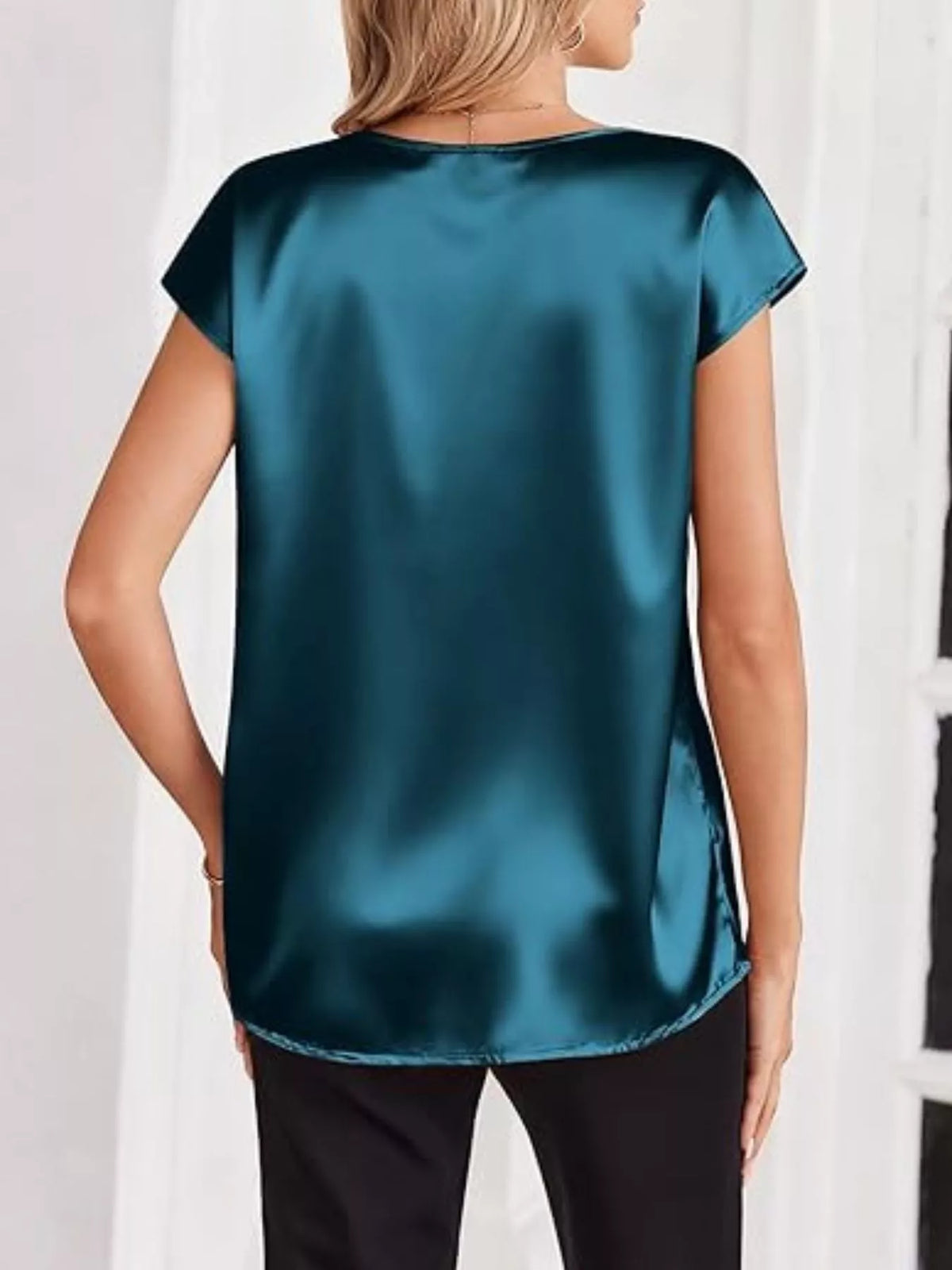 Satin V-neck Short Sleeve Blouse (26)