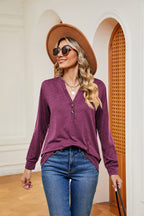 Buttoned Notched Neck Long Sleeve Top (18)